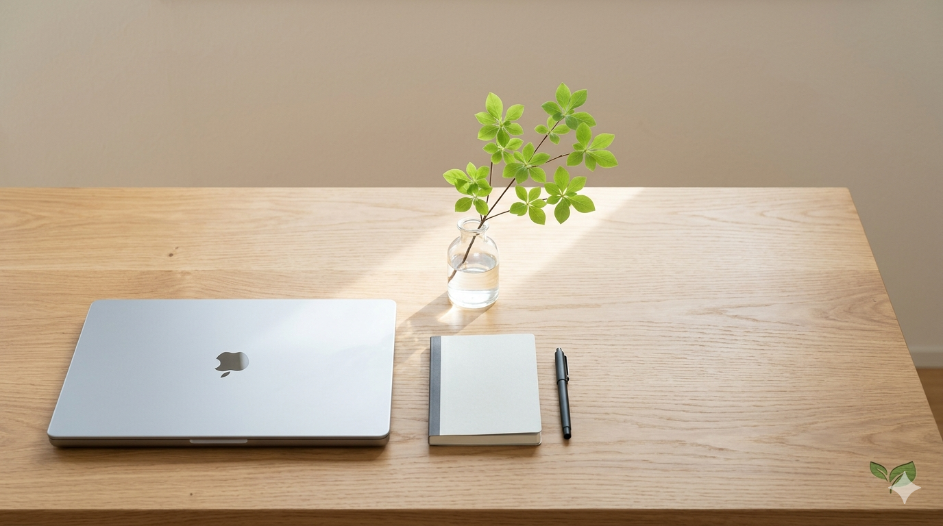 整えられた木目調のデスクに置かれたMacBookと、小さな花瓶に生けられたドウダンツツジの枝。働くラボの共通アイキャッチ画像。