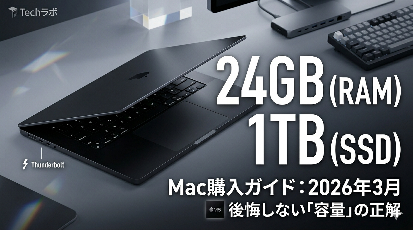2026年3月時点のMac購入ガイドアイキャッチ画像。24GB RAM、1TB SSDを推奨。M5チップ搭載のスペースブラックMacBook Proと「後悔しない容量の正解」のテキスト。